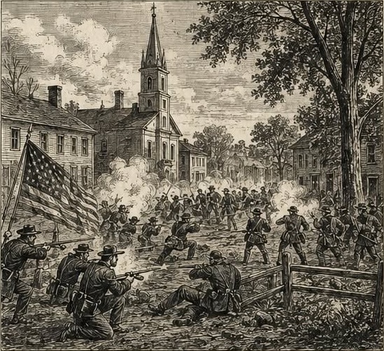Union soldiers defend a position near a fence
